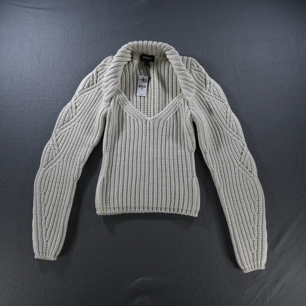 Express Women Ribbed Shawl Collar Cable Sleeve Sweater XS Cream Chunky